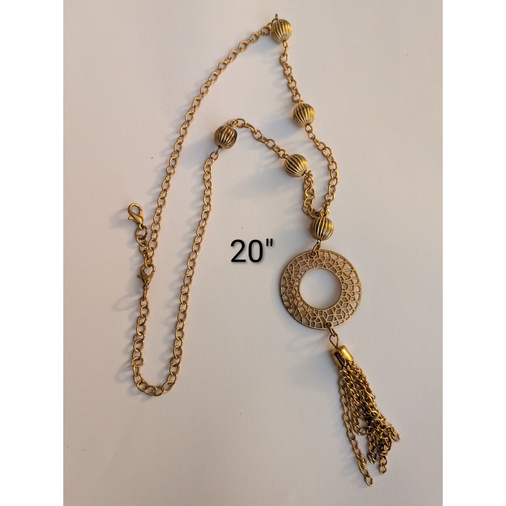 Gold Tone Long Pendant Necklace Filigree Circle Tassel Ribbed Beads Boho 20 Inch